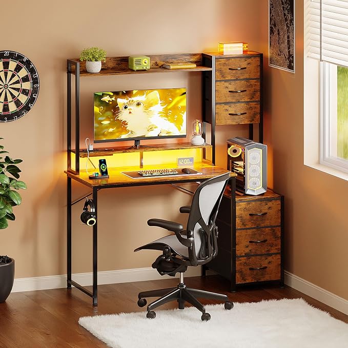 MUTUN 47 Inch Computer Gaming Desk with Hutch Power Outlet and LED Strip, Home Office Work Study Writing Desk with 6 Fabric Drawers and Storage for Bedroom, Escritorios para Computadoras, Rustic Brown - Image 2