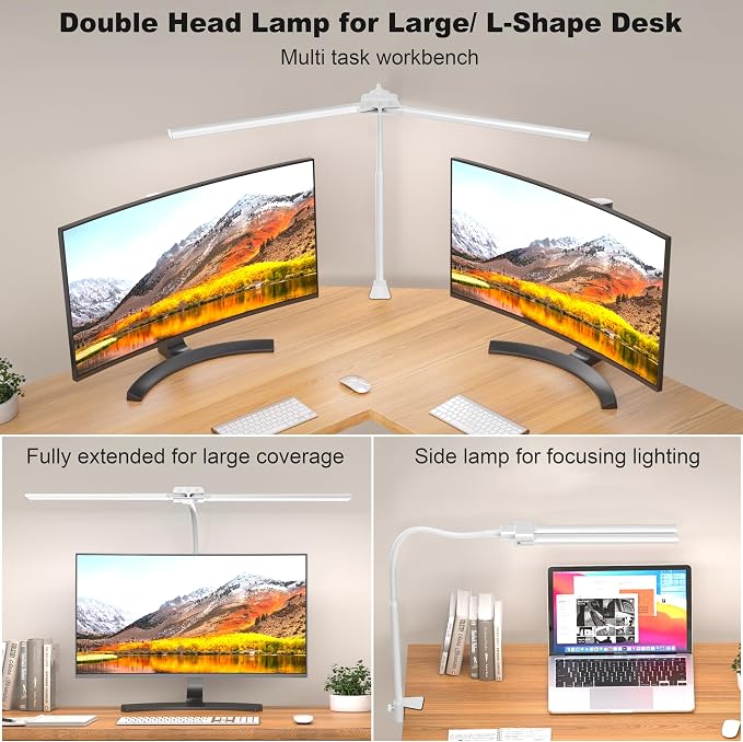 KableRika Desk lamp,Double Head LED Desk Lamp with Clamp,Architect Desk Lights for Home Office,Eye-Caring Desktop Office Lamp 4-Brightness 4-Color Table Lamp for Monitor Workbench Reading White - Image 2
