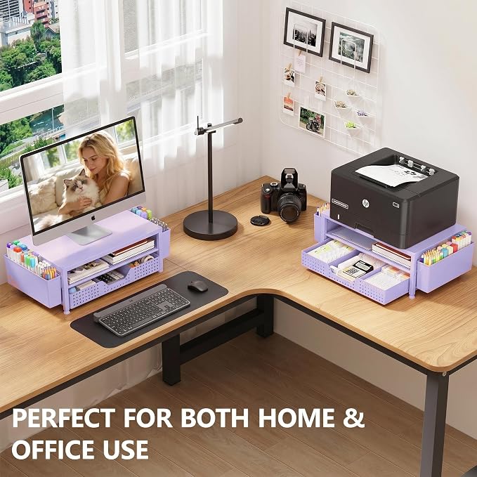OPNICE Desk Organizers and Accessories, 2-Tier Computer Monitor Stand Riser with Drawer and 2 Pen Holders, Laptop Stand, Office Desk Accessories for Office Supplies, Purple - Image 3