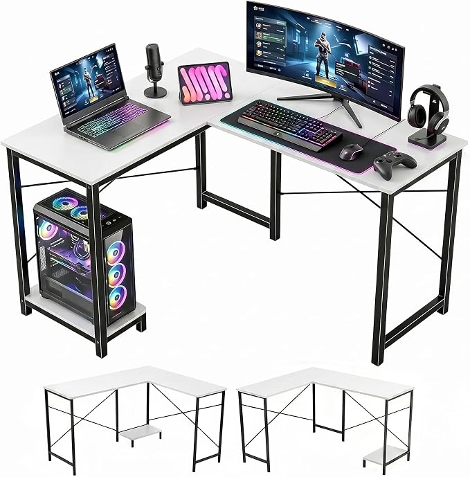 L Shaped Desk Computer Desk, 50inch White Gaming Desk with CPU Stand | Reversible Corner Desk, Sturdy Metal Frame, Student Study Writing Table for Home Office by SageNest