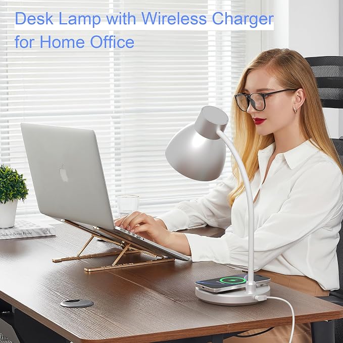 LED Desk Lamp for Home Office with Wireless Charger, Silver | 3 Color Modes Dimmable Eye-Caring Study Reading Dorm Desk Lamp, 360° Flexible Arm Table Lamp for College Dorm Room, 800 Lumen - Image 6