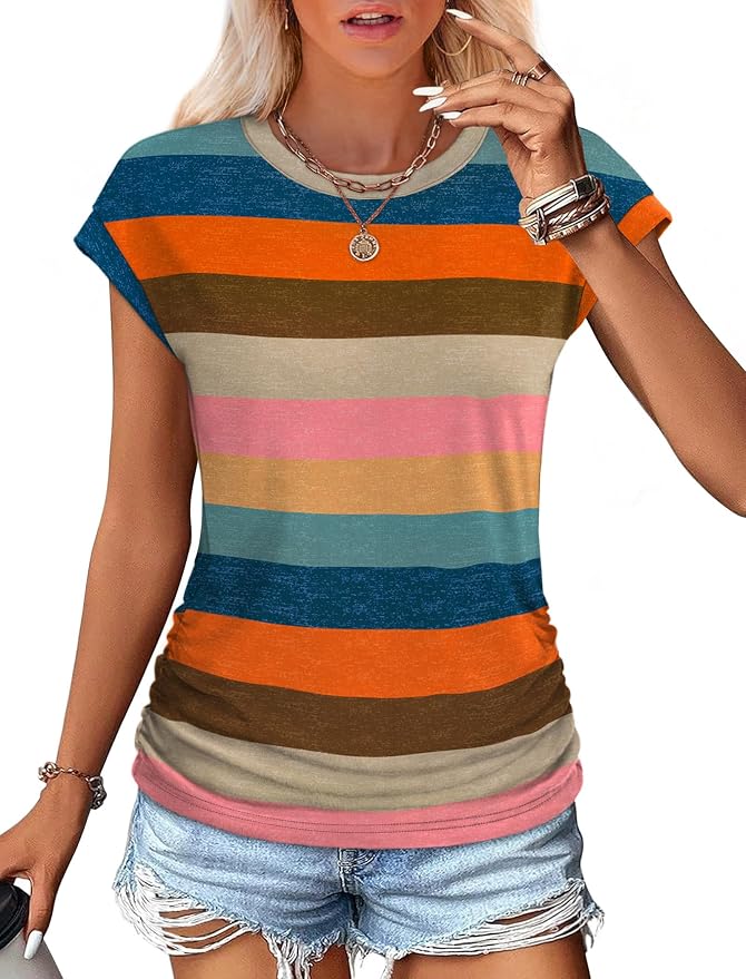 Sampeel Womens Summer Tops Trendy 2026 Ruched Cap Short Sleeve Tshirts Shirts Crew Neck T Shirts Fashion - Image 2
