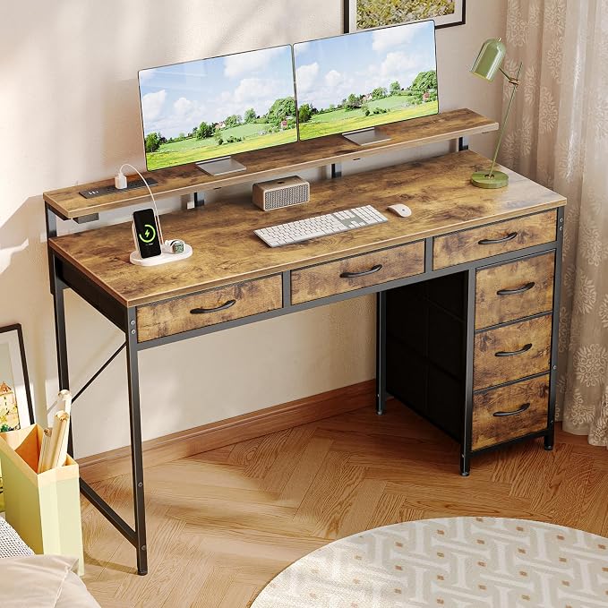 Huuger Gaming Desk with 6 Drawers, Computer Desk with LED Lights Power Outlets and Type-C, 47 Inch Office Desk with Storage, Monitor Stand, Writing Work Desk for Home Office, Rustic Brown - Image 2