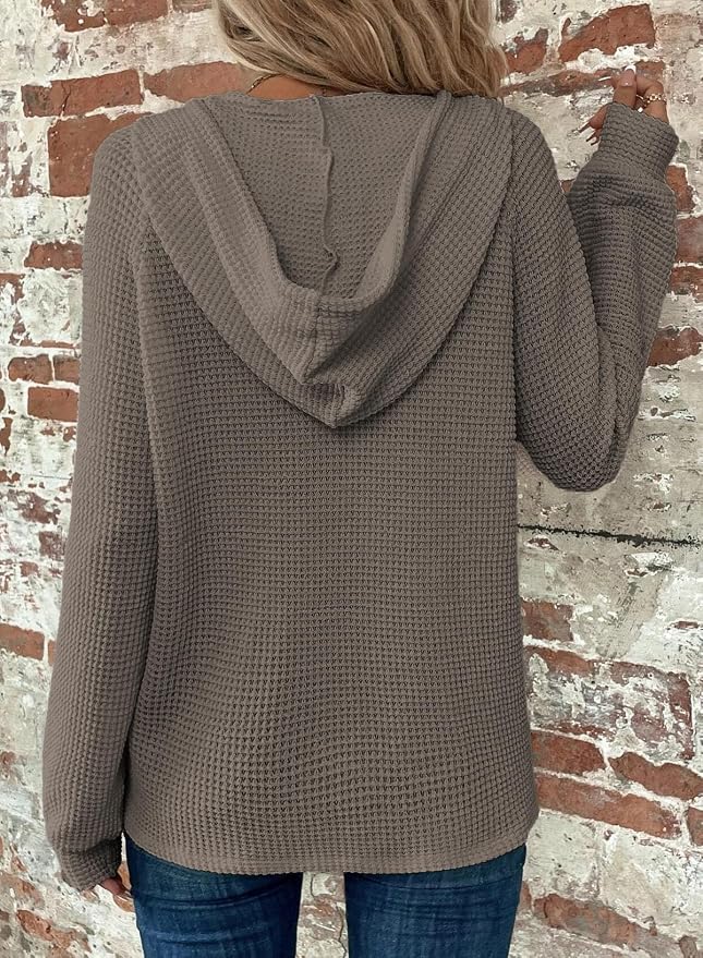 Dokotoo Hoodies for Women Waffle Knit Long Sleeve Drawstring Button V Neck Casual Sweatshirt Hooded Tops Fashion Clothing - Image 2
