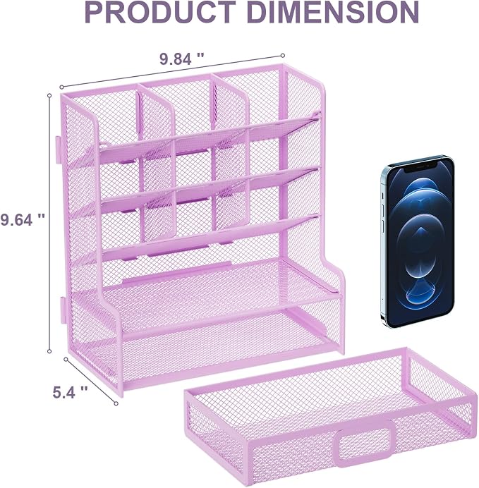 Marbrasse Larger Mesh Desk Organizer with Drawer, Multi-Functional Pen Pencil Holder, Easy Assembly, Desk Organizers and Accessories for Office Art Supplies (Purple) - Image 4