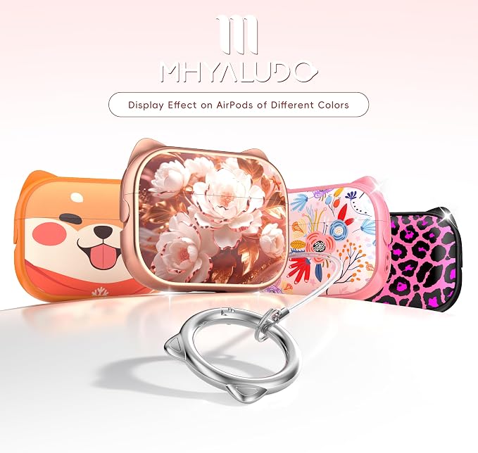 for AirPods Pro 2 Case with Cleaning Kit, Cute Cat Ear Print Design & Cute Buckle for Girls, Phone Holder & Top Safe Lock Buckle Design for AirPods Pro 2nd/1st Gen case, Rose Gold Peony - Image 6