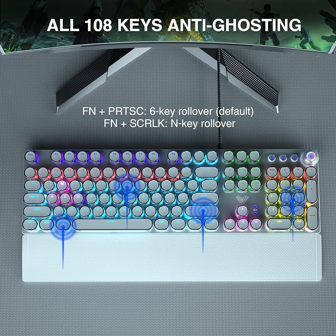 AULA F2088 Typewriter Mechanical Keyboard, White Retro Wired Gaming Keyboard with Blue Switches, Rainbow Backlit, Round Keycaps, Media Knob & Removable Wrist Rest - Image 6