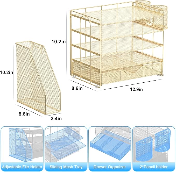 gianotter 5-Tier Desk Organizer with Drawers and File Holders | Letter Trays and Pen Holders - Workspace Accessories for Office Supplies (Gold) - Image 5