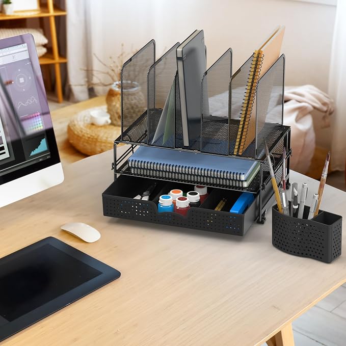 Simple Houseware Desk File Organizer for Office Supplies w/Drawer, Black | Double Tray, Pencil Holder, and 5 Upright Sections with Sliding Drawer - Image 4