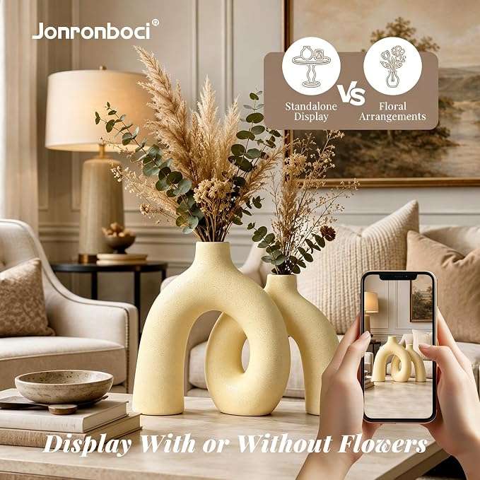 Hug Donut Decorative Vase Set - Beige Vase, Modern Nordic Boho Style Vases Home Decor, Matte Ceramic Decorations for Living Room Shelf, Bookshelf Mantle Entryway Table or Console Décor (Beige) - Image 5