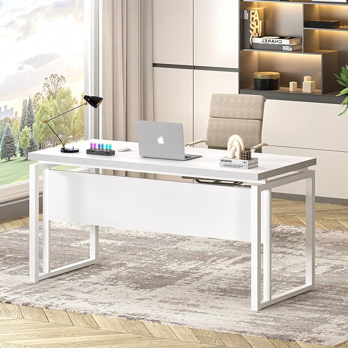 EXCEFUR White Computer Desk, Simple Wood and Metal Home Office Desk, Modern Study Writing Table Workstations for Living Room Bedroom, 53 Inch - Image 7