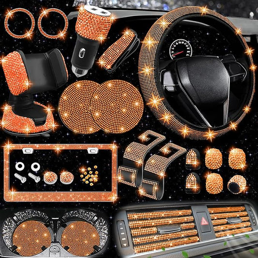 NBTEPEM 27 PCs Orange Bling Car Accessories Set for Women, Steering Wheel Covers Universal Fit 15 Inch, Bling License Plate Frame, Bling Phone Holder, Bling Car Coasters (Orange Diamond) by NBTEPEM