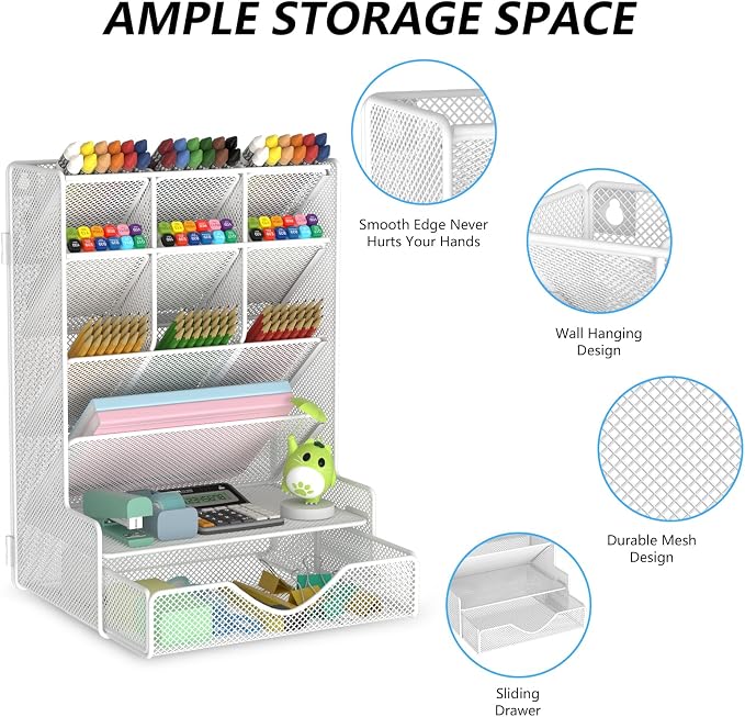 BOHDK Pen Organizer for Desk, Multi-Functional Desk Organizer, Wall Mount Pen Holder with Drawer for School, Office, Home, Art Supplies, White - Image 2