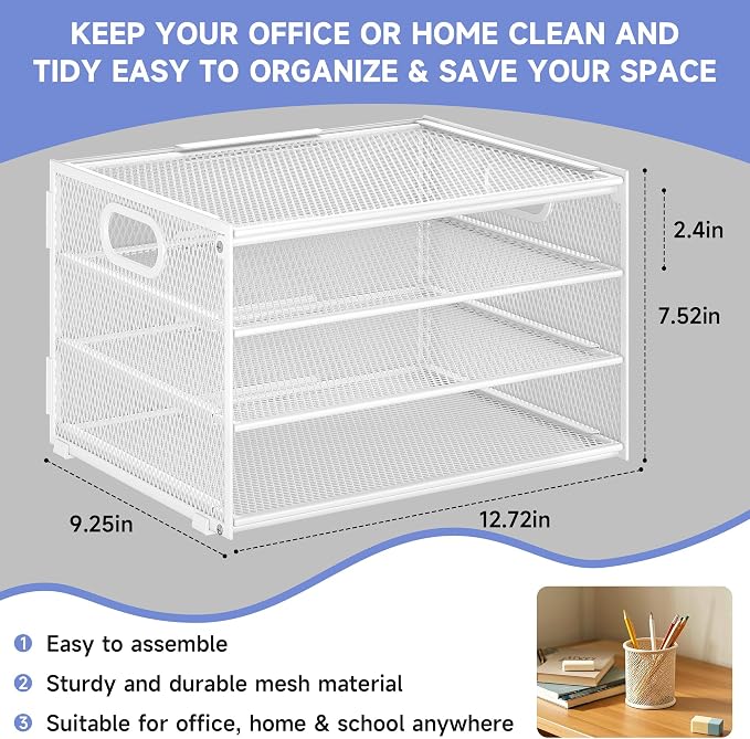 Subekyu Paper Letter Tray Organizer for Desk, White Metal Mesh Desk File Sorter Organizer with Handle and 2 Sliding Trays for Home Office School Supplies Organization - Image 4