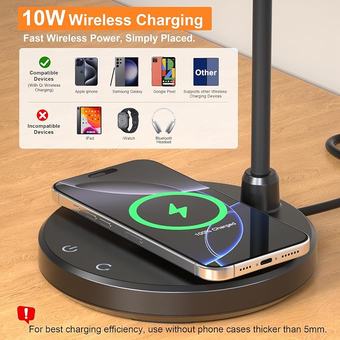 LED Desk Lamp for Home Office with Wireless Charger, Matte Black | 3 Color Modes Dimmable Eye-Caring Study Reading Dorm Desk Lamp, 360° Flexible Arm Table Lamp for College Dorm Room, 800 Lumen - Image 3