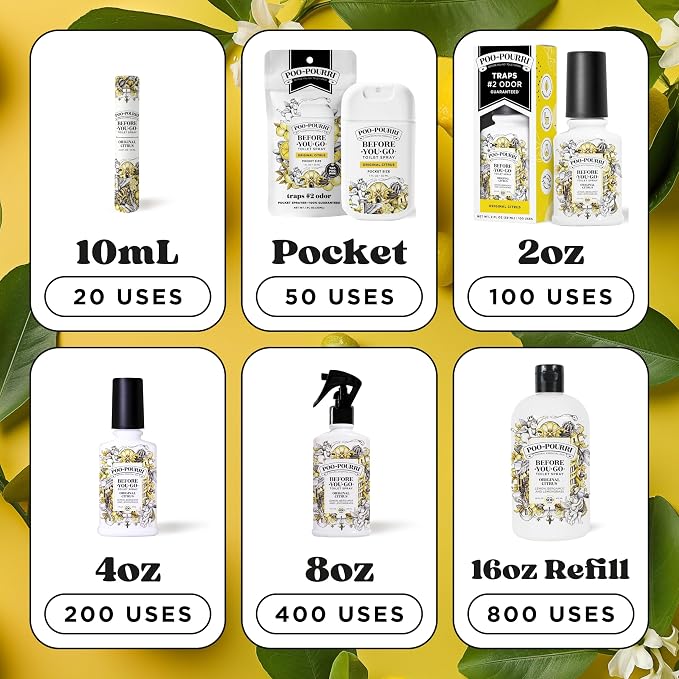Poo-Pourri Before-You-Go Toilet Spray, Original Citrus, 4 Fl Oz, Up to 200 Uses, Bathroom Odor Deodorizer, Plant-Based with Essential Oils, for Home or Work, Lemon, Bergamot and Lemongrass Scent - Image 11