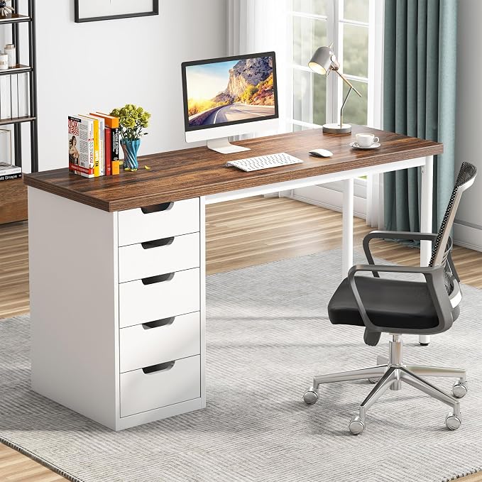 Tribesigns Computer Desk with 5 Drawers, 47 inches Rustic Brown Home Office Desk with Storage, Modern Simple Laptop Desk Study Writing Table for Small Spaces (1, Brown+White) - Image 3