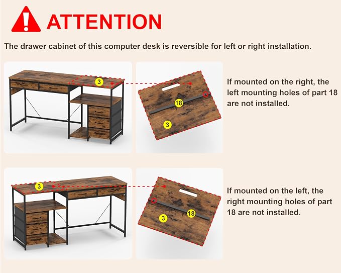 YOSHOOT 60" Computer Desk with 5 Fabric Drawers, Gaming Desk Table | Desk with Storage and Power Outlets, for Adults and Teenagers Working Writing Study, Rustic Brown - Image 9
