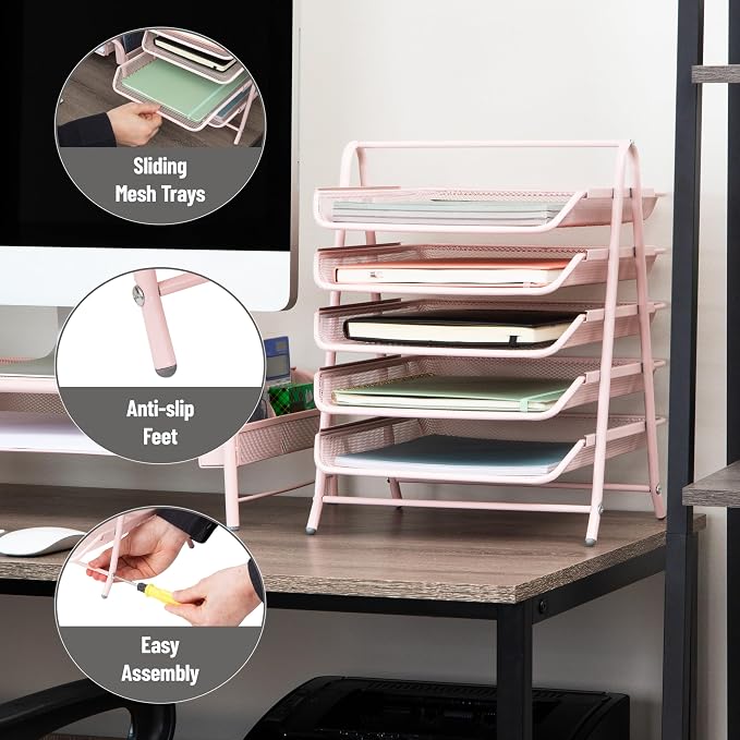 Mind Reader 5-Tier Paper Tray Organizer, Vertical Desktop File Storage Rack, Office, Metal Mesh, Pink - Image 4