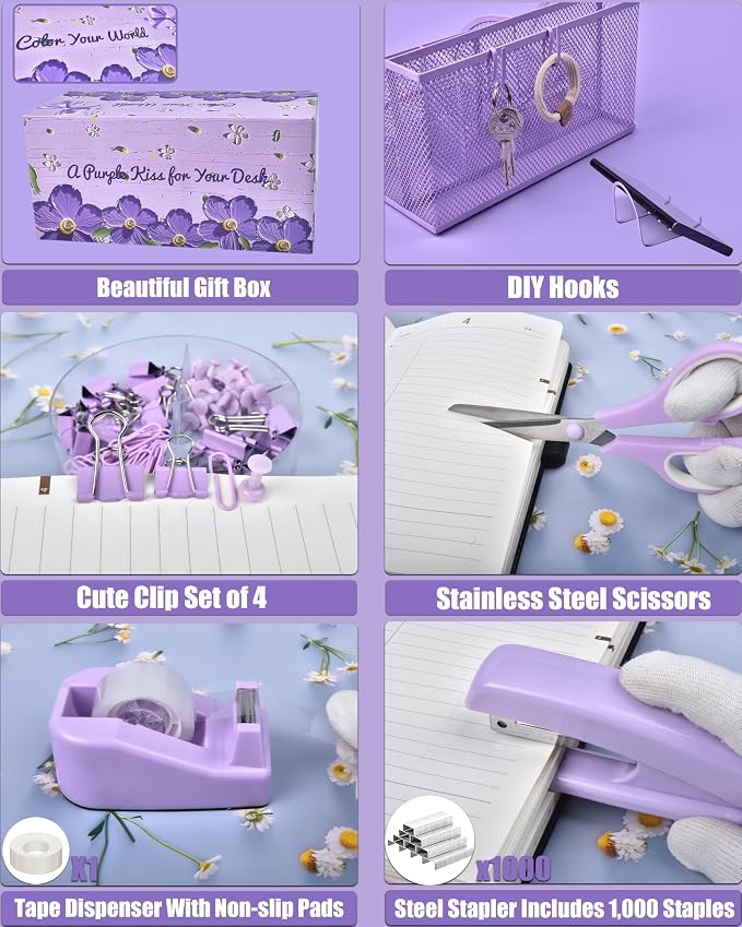 LXEVIHK 21Pcs Purple Desk Organizers and Accessories With Mesh Desk Organizer and 360°Rotating Pen Holder and a Lot of Office Purple Office Supplies Beautifully Presented in a Gift Box - Image 5