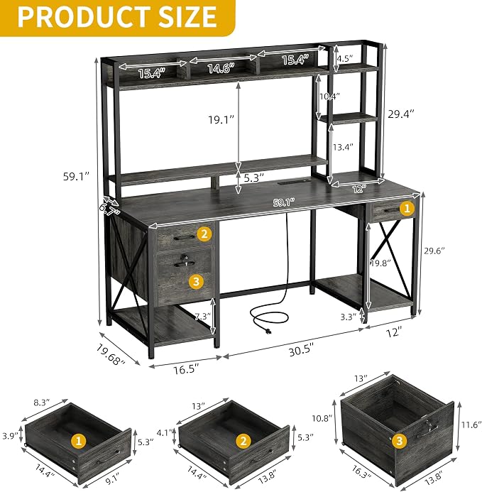 DWVO Computer Desk with Drawers & Hutch, 59.1" Office Desk with Power Outlets & LED Lights, Home Office Desk with Storage Shelves, Grey | Built-In Power Outlets, Led Lights, Hutch Shelves, Storage Drawers, for Home Office Work Study, Easy Assembly - Image 2