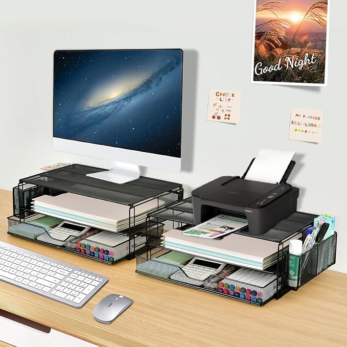 AUPSEN 2 Tier Computer Monitor Stands with Drawer and 2 Pencil Holder, Metal Monitor Stand Monitor riser, Computer Desk Organizer and Accessories for Laptop, Computer, Printer, Office Supplies(Black) - Image 5