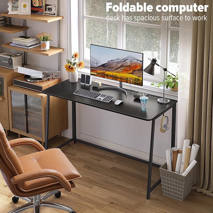 WOHOMO Folding Desk, 47.2" Foldable Computer Table for Small Spaces, Black | Easy Assembly and Fold, Sturdy Home office desks for Study Bedroom Dorm Space Saving Writing Work Apartment - Image 3