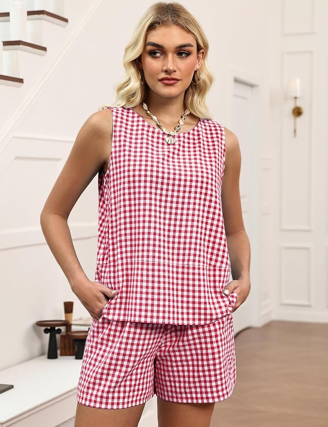 LOMON Women's Trendy 2 Piece Outfits Shorts Sets Summer Crew Neck Sleeveless Tank Top and Bottom Matching with Pockets 2026 - Image 4