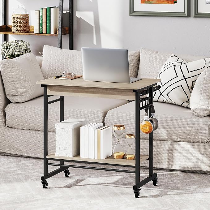 Tangkula Rolling Computer Desk Cart with Keyboard Tray, Mobile Portable Laptop PC Desk with CPU Stand & 3 Hooks for Sofa & Bed, Compact Small Desk on Wheels for Small Spaces (Grey) - Image 5