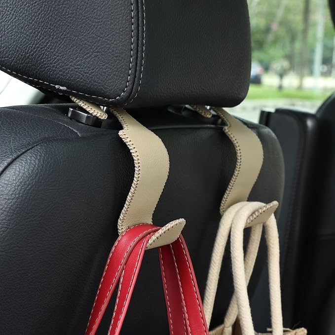 Amooca Car Seat Headrest Hook 4 Pack Metal Core Hanger Universal Car Storage Organizer for Handbag Purse Coat S Type Leather Beige - Image 2
