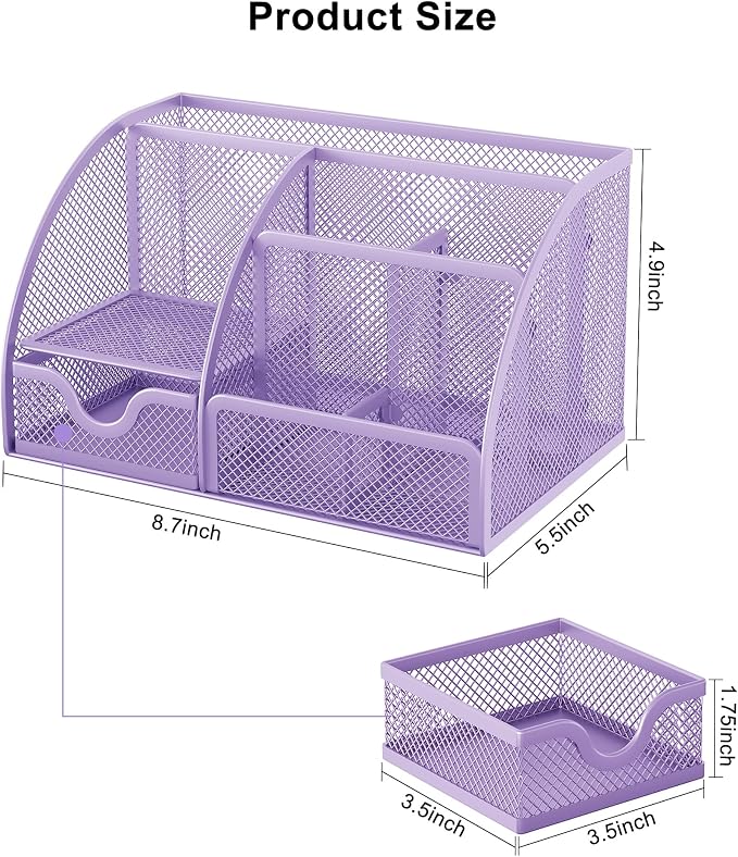 EasyPAG Mesh Desk Organizer with Drawer Multi-functional Pen Holder Stationery Organizer for Office School Supplies 6 Compartments Dorm Organizers and Storage for Desk, Light Purple - Image 8