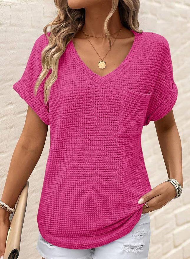 Dokotoo Womens Waffle Knit Tops 2026 Spring Summer V Neck Shirts Casual Trendy Women's Blouses Basic Tee - Image 2