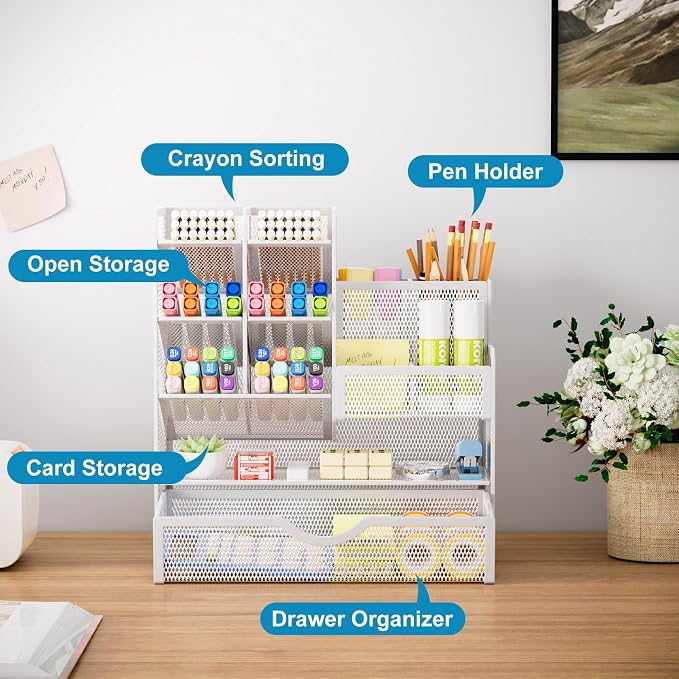 Marbrasse Mesh Pen Holder for Desk, Multi-Functional Pencil Organizer with Drawer, Desk Organizers and Accessories for Office Art Supplies (White) - Image 2