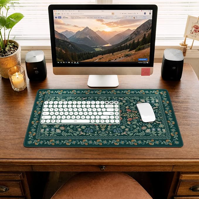 iCasso Aesthetic Flower Mouse Pad,23.6x13.7in,Deep Green | Vintage Desk Matt for Desktop, Anti-Slip Mousepad with Stitched Edges for Laptop Computer Keyboard - Image 8