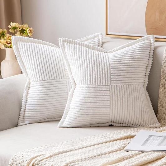 MIULEE Decorative Throw Pillow Covers for Couch Bed Livingroom 18x18 Inch Set of 2 White Boho Accent Throw Pllows Broadside Striped Patchwork Soft Corduroy Pillowcases by MIULEE