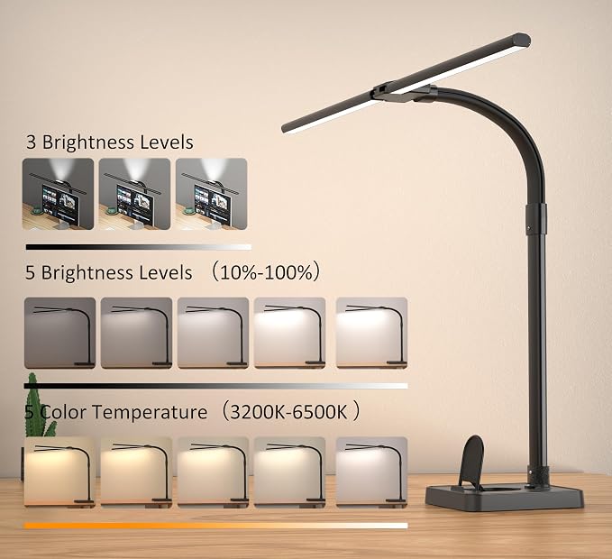 Double Head LED Desk Lamp, Architect Desk Lamps for Home Office, 24W Brightest Workbench Office Lighting-5 Color Modes and 5 Dimmable Eye Protection Modern Desk Lamp (Black-Desktop, Big) - Image 2