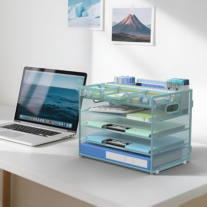 Docnest 5 Tier Mesh Desk Organizer with Removable Tray&Pen Holder, Blue | Features 3 detachable pen holders and 4 removable dividers.Versatile mesh desktop storage for mail, document,office supplie - Image 6