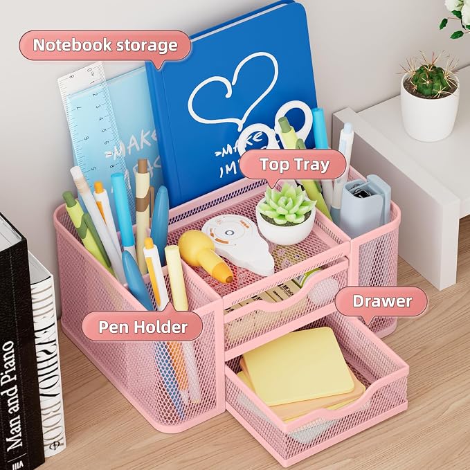 Marbrasse Mesh Desk Organizer, Pen Organizer with 2 Drawer, Multi-Functional Pencil Holder, Desk Organizers and Accessories with 5 Compartments + Drawer for Office Art Supplies (Pink) - Image 2