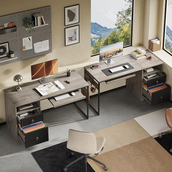 Bestier 55Inch Modern Fluted Desk with Drawers & Keyboard Tray, Grey | 55 X 22 In Work Surface, File Drawer, Reversible Pedestal, Fluted Panels And Keyboard Tray For Home Office Storage. - Image 8
