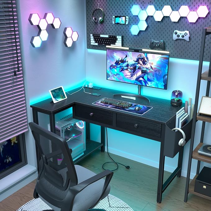 DLisiting Black Corner Desk for Small Space with Drawers, Reversible Gaming L Shaped Computer Desk with Storage Shelves for Boys, Corner Work Study PC Desks for Bedroom - Image 2