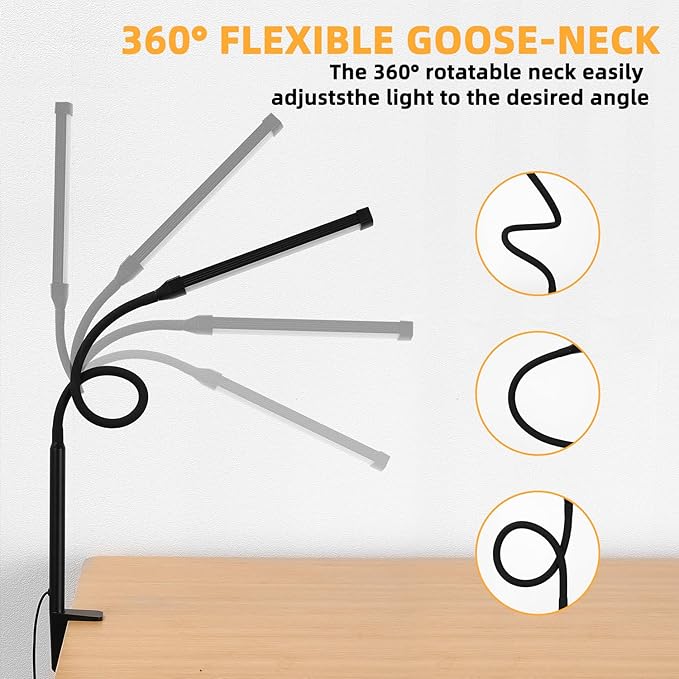 Voncerus LED Desk Lamp with Clamp, Clip on Lights for Home Office, Black | 3 Modes 10 Brightness, Long Flexible Goose-Neck, Eye-Caring, Memory Function, Energy Efficient, USB Adapter, Metal - Image 3