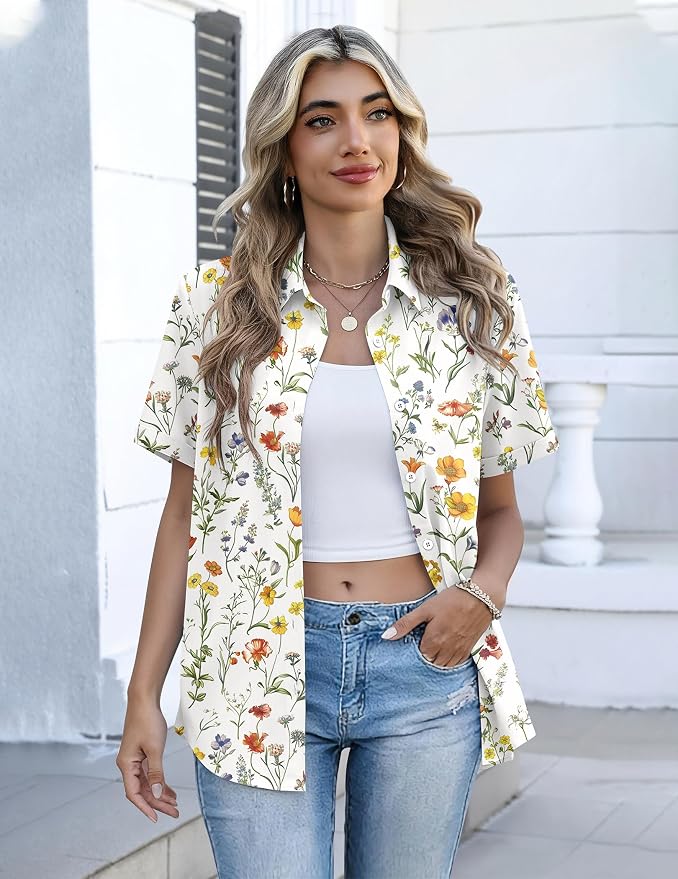 Zeagoo Button Down Shirts for Women Short Sleeve Collared Tops Dressy Casual V Neck Blouses - Image 3