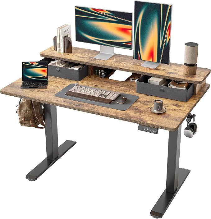TIQLAB Standing Desk with Two Drawers, Stand Up Standing Desk Adjustable Height, Electric Sit Stand Table with Storage Shelf and Splice Board, 48 * 24 inch, Rustic Brown by TIQLAB