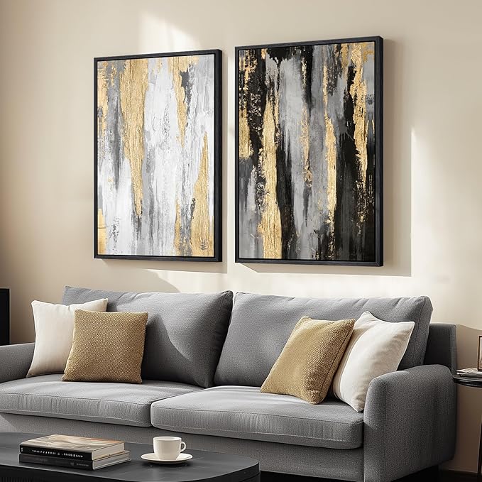 Large Framed Black and White Abstract Wall Art for Living Room, Set of 2 Piece Minimalist Canvas Prints Paintings Artwork for Walls, Modern Black Gold Pictures for Hallway Office Wall Decor Big Size 24x36 In by Cuspin
