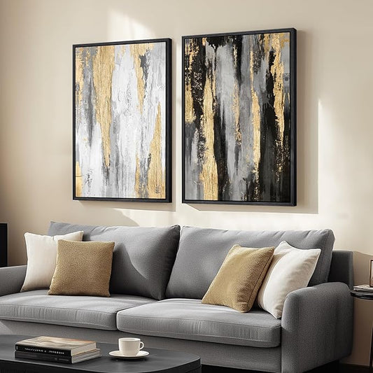 Large Framed Black and White Abstract Wall Art for Living Room, Set of 2 Piece Minimalist Canvas Prints Paintings Artwork for Walls, Modern Black Gold Pictures for Hallway Office Wall Decor Big Size 24x36 In by Cuspin