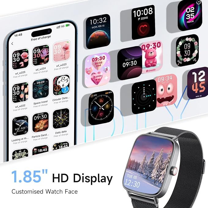 Smart Watch for Women, 1.85" HD Smartwatch Compatible iPhone/Samsung/Android (Answer/Make Calls), 100+ Sport Modes Fitness Tracker with Heart Rate/Sleep/SpO2 Monitor, IP68 Waterproof, Metal Band - Image 7