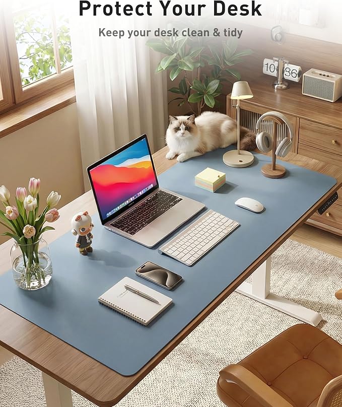 Aothia Faux Leather Desk Mat - Large Mouse Pad, Non-Slip PU Leather Blotter, Waterproof Writing Surface for Office and Home (Denim Blue, 63" x 17") - Image 3