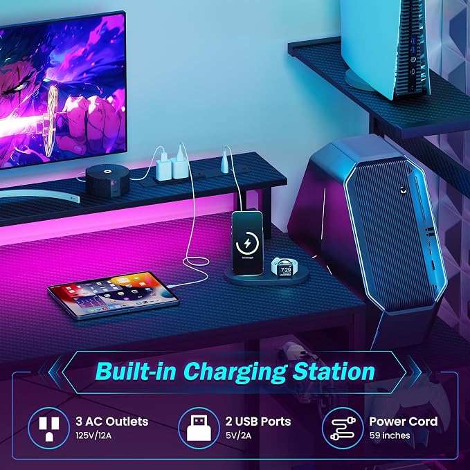 51 Inch Gaming Desk with Drawers & PC Tower Stand & LED Lights, Black | Reversible, Monitor Shelf, Power Outlets, Carbon Fiber, Mesa Gamer, Computer Desk with Storage, Gaming Table for Home Office - Image 6
