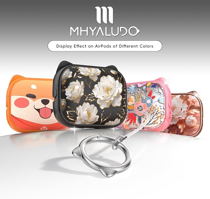 for AirPods Pro 2 Case with Cleaning Kit, Cute Cat Ear Print Design & Cute Buckle for Girls, Phone Holder & Top Safe Lock Buckle Design for AirPods Pro 2nd/1st Gen case, Black Peony - Image 6