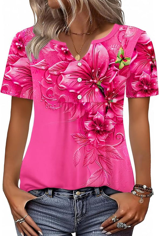 Zeagoo Womens Short Sleeve Tops Summer Henley V-Neck Tshirts Casual Pleated Blouse Dressy Loose Floral Basic Tee by Zeagoo